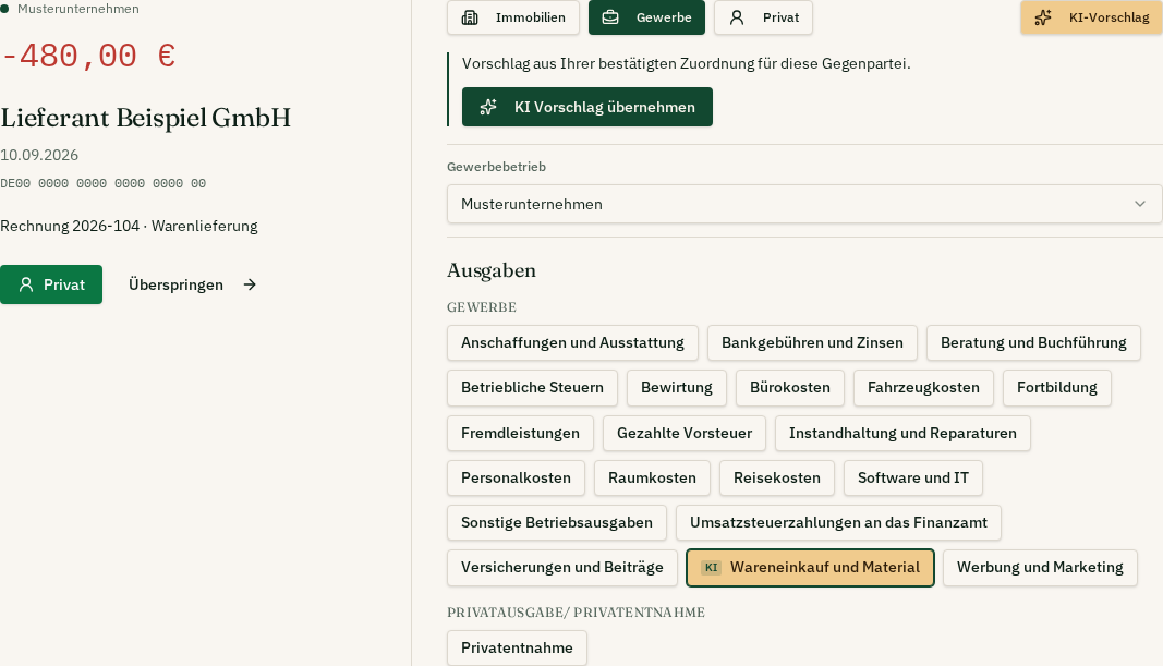 Anonymisierte Kontospiegel-Zuordnung: Umsatz links, automatisch vorgeschlagenes Buchungskonto und KI Vorschlag übernehmen rechts.