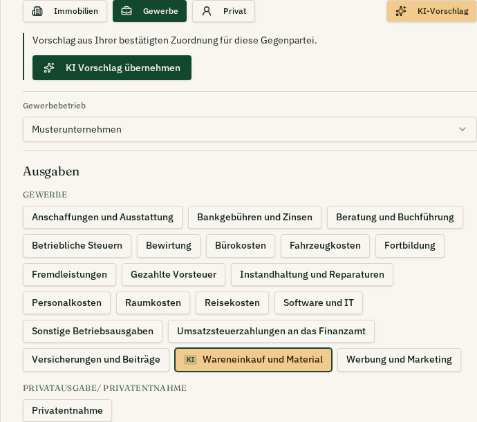 Detailansicht des KI-Vorschlags mit Übernehmen-Button und hervorgehobenem Konto Wareneinkauf und Material.